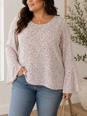 Max Studio Bell Sleeve Polka Dot Blouse XL White Pink Black LongSleeve Swing Top